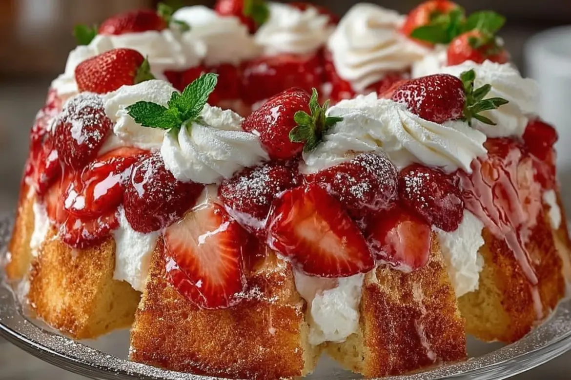 Southern Strawberry Punch Bowl Cake served in a large bowl with fresh strawberries