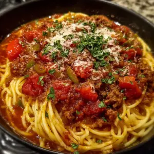 Bowl of spaghetti topped with hearty meat sauce and fresh parsley