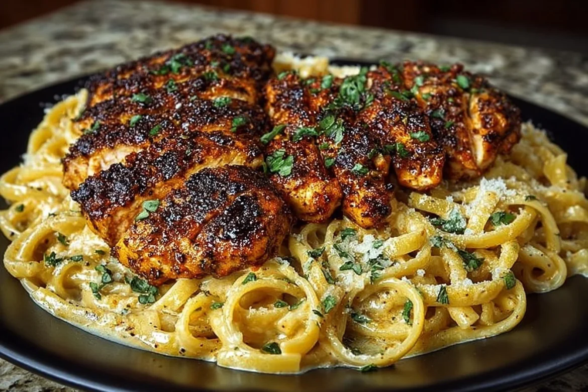 Spicy Cajun Chicken Linguine in creamy garlic parmesan sauce served in a bowl