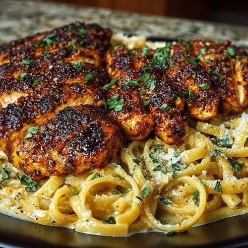 Spicy Cajun Chicken Linguine in creamy garlic parmesan sauce served in a bowl