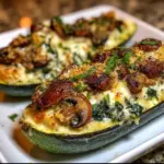Baked spinach and ricotta stuffed zucchini topped with golden mozzarella
