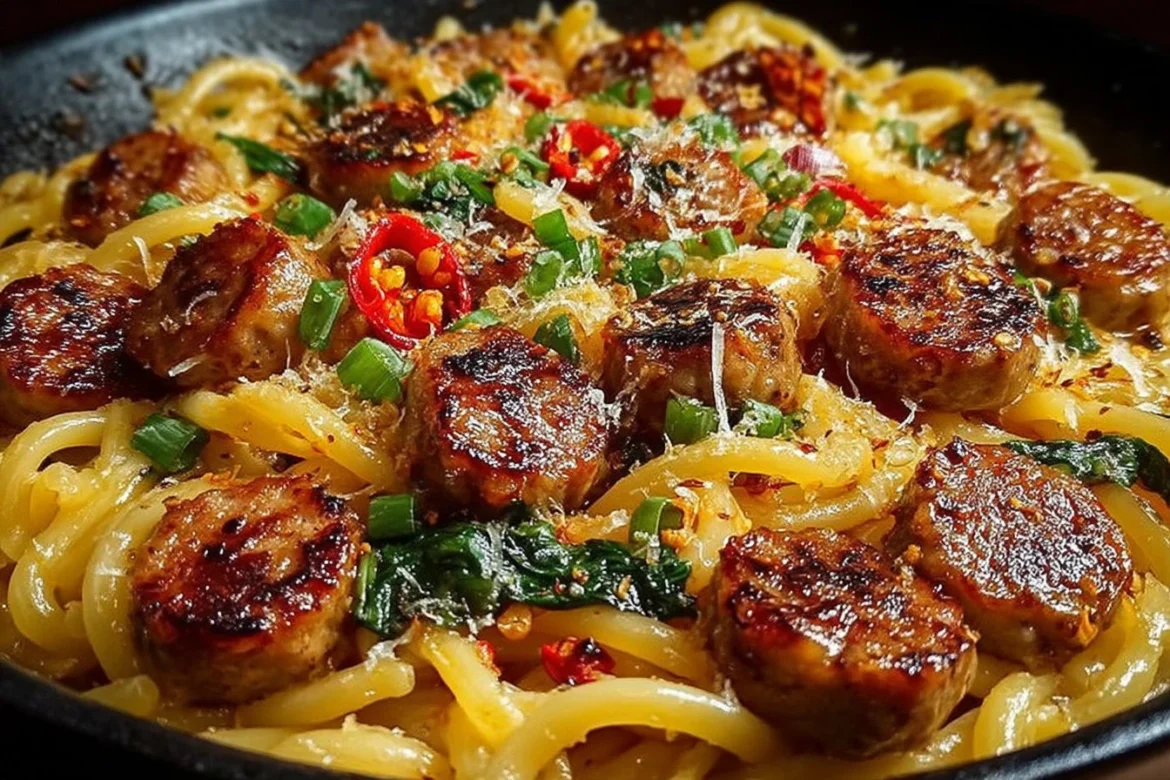 Sticky honey garlic sausage pasta skillet dish served in a pan