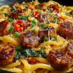 Sticky honey garlic sausage pasta skillet dish served in a pan