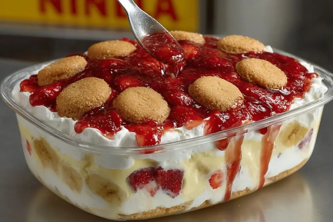 Delicious strawberry banana pudding dessert layered with fresh strawberries and bananas