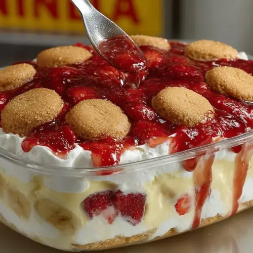 Delicious strawberry banana pudding dessert layered with fresh strawberries and bananas