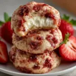 Freshly baked strawberry cheesecake cookies on a tray