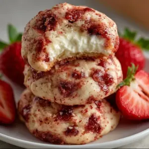 Freshly baked strawberry cheesecake cookies on a tray