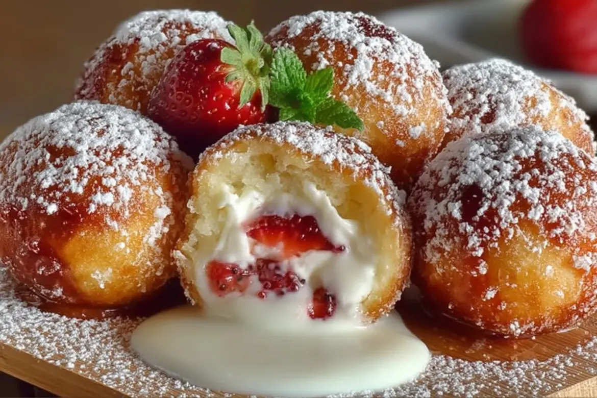 Delicious strawberry cheesecake stuffed donut holes on a plate