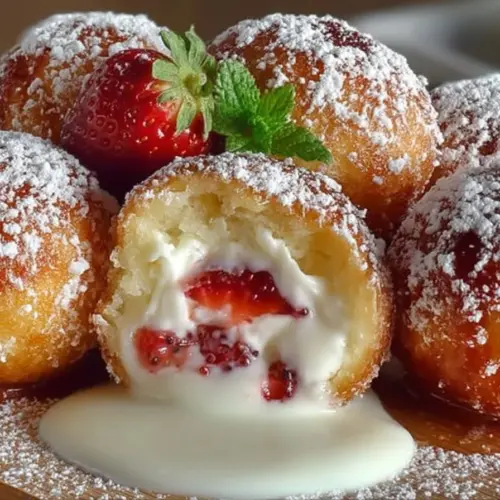 Delicious strawberry cheesecake stuffed donut holes on a plate