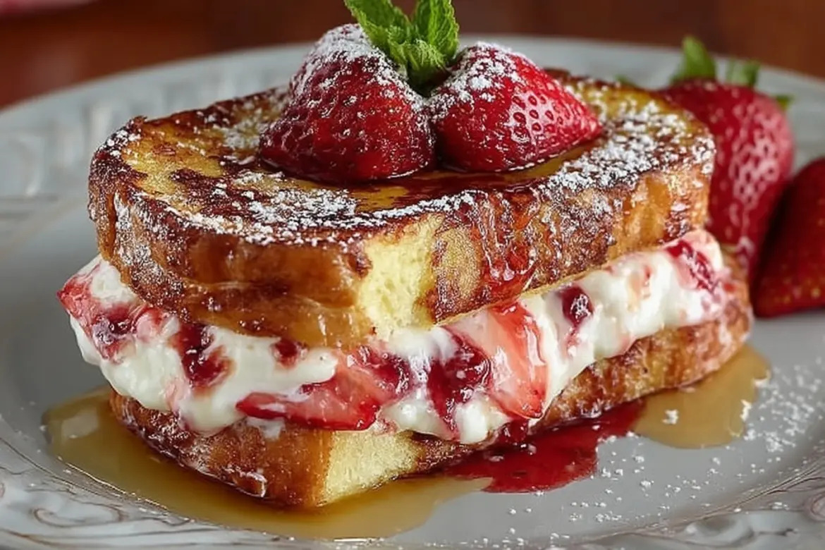 Strawberry Cheesecake Stuffed French Toast topped with fresh strawberries