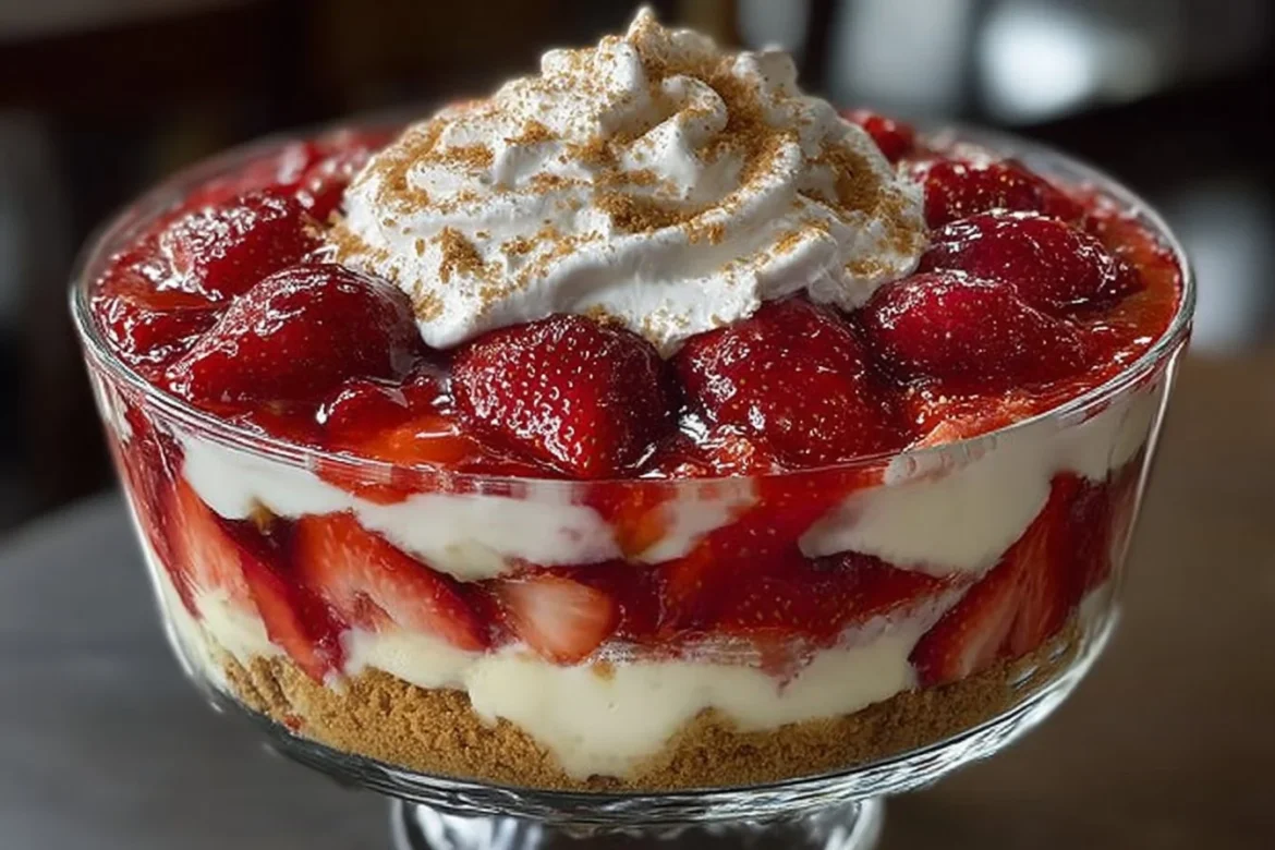 Strawberry Cheesecake Trifle with layers of cream and fresh strawberries