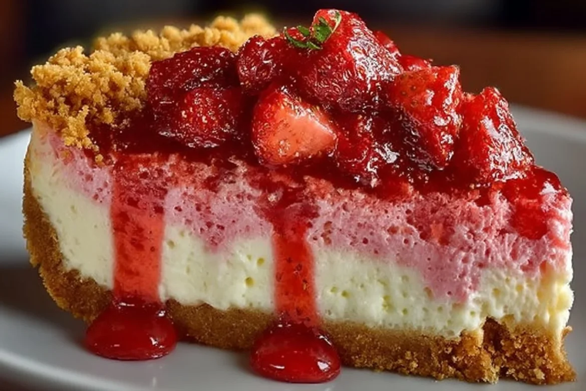 Delicious strawberry crunch cheesecake served on a white plate