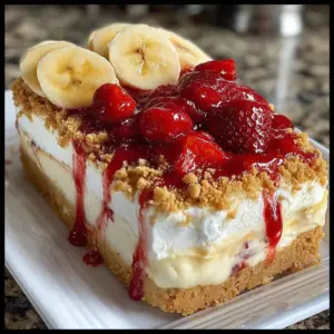 Slice of strawberry crunch and banana pudding cheesecake on white plate