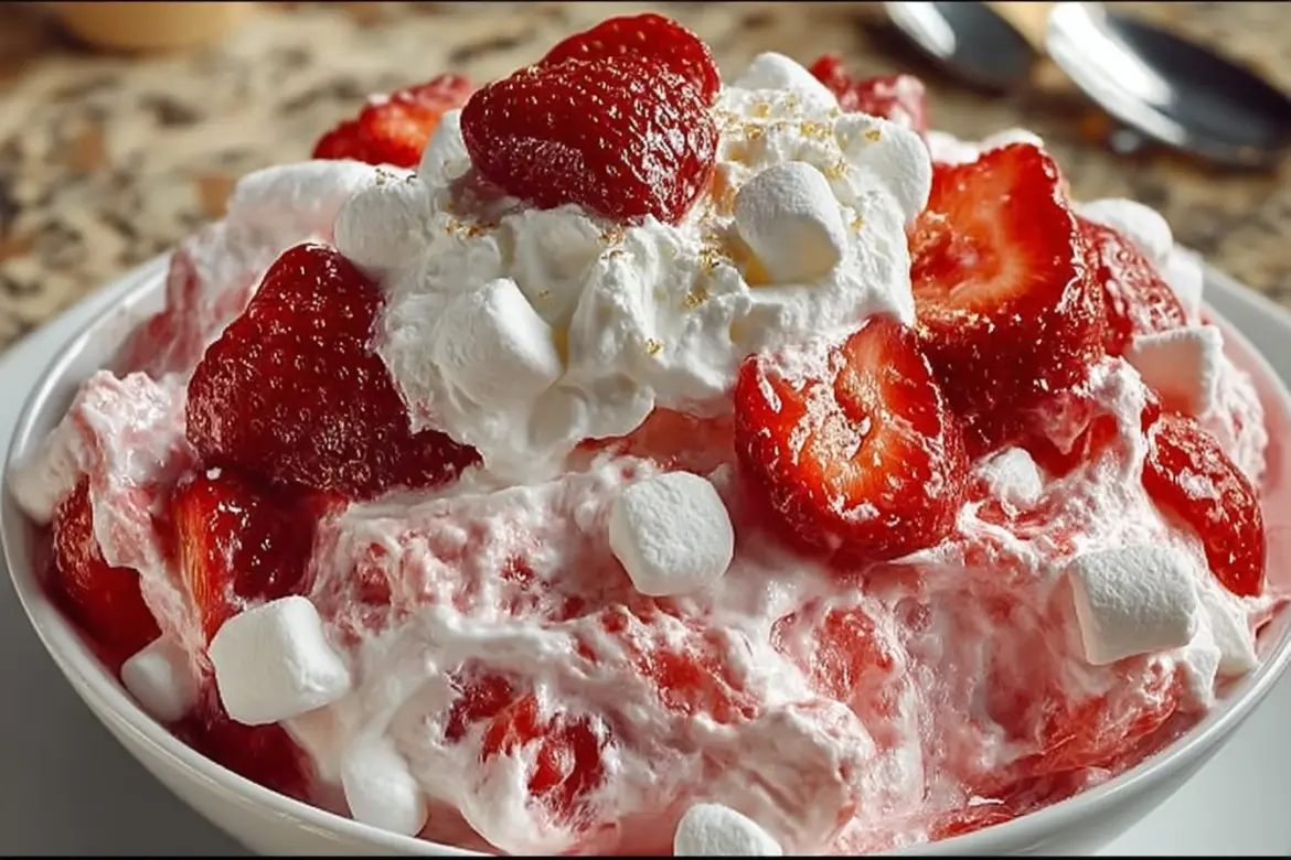 Delicious Strawberry Fluff Salad with strawberries and whipped cream