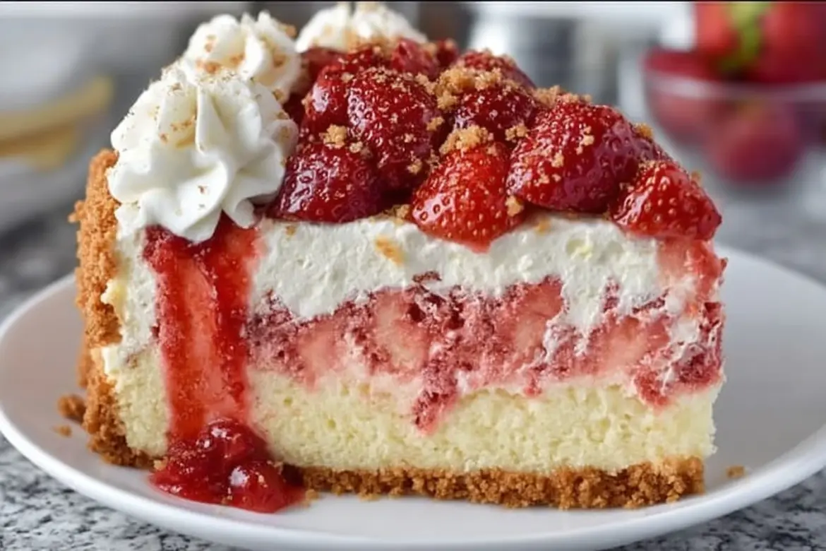 Delicious strawberry shortcake cheesecake cake topped with fresh strawberries