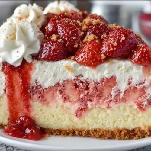 Delicious strawberry shortcake cheesecake cake topped with fresh strawberries