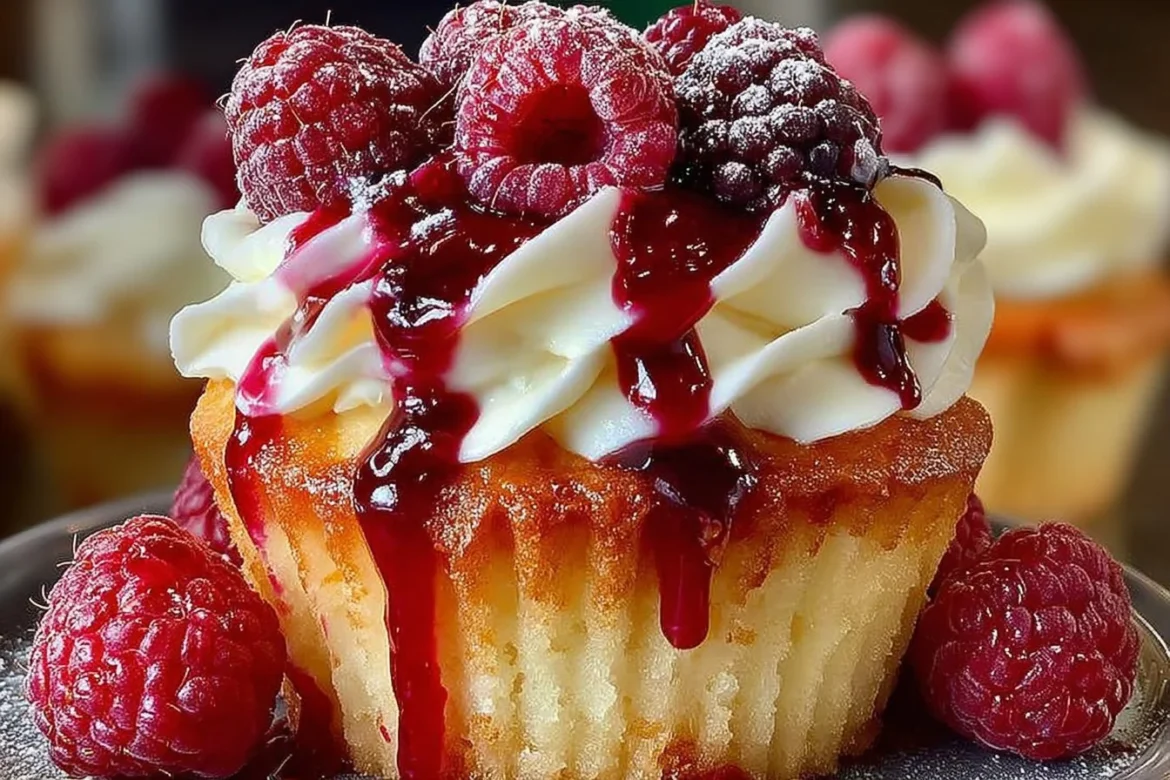 Summer Raspberry Cheesecake Cupcakes topped with fresh raspberries