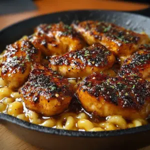 Glazed Sweet and Spicy Honey Pepper Chicken breast garnished with sesame seeds and fresh herbs