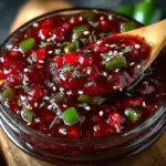Glass jar of bright red jalapeno strawberry jam with sliced strawberries and jalapenos nearby