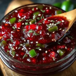 Glass jar of bright red jalapeno strawberry jam with sliced strawberries and jalapenos nearby