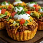 Taco cupcakes in a muffin tin, topped with cheese, lettuce, sour cream, and salsa
