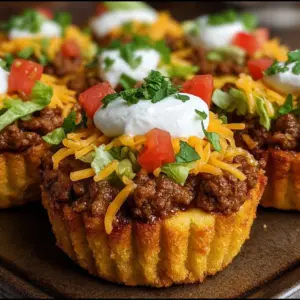 Taco cupcakes in a muffin tin, topped with cheese, lettuce, sour cream, and salsa