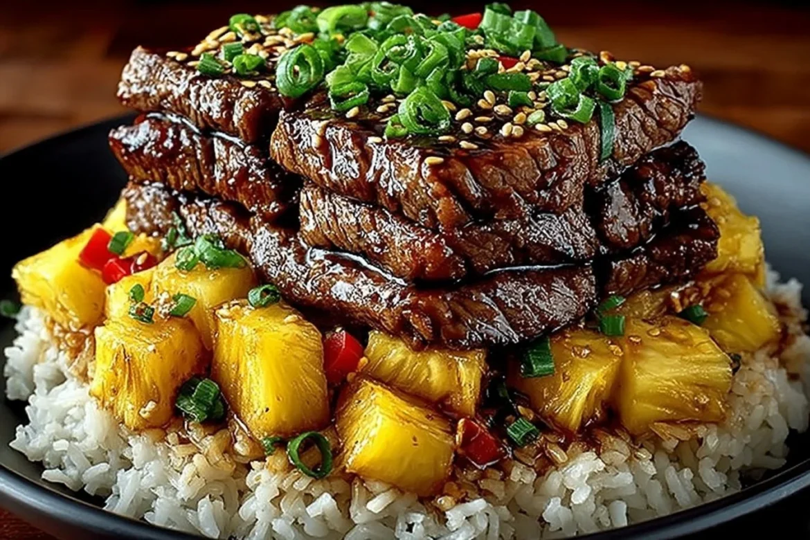 Delicious Teriyaki Beef & Pineapple Rice Bowl served in a vibrant dish