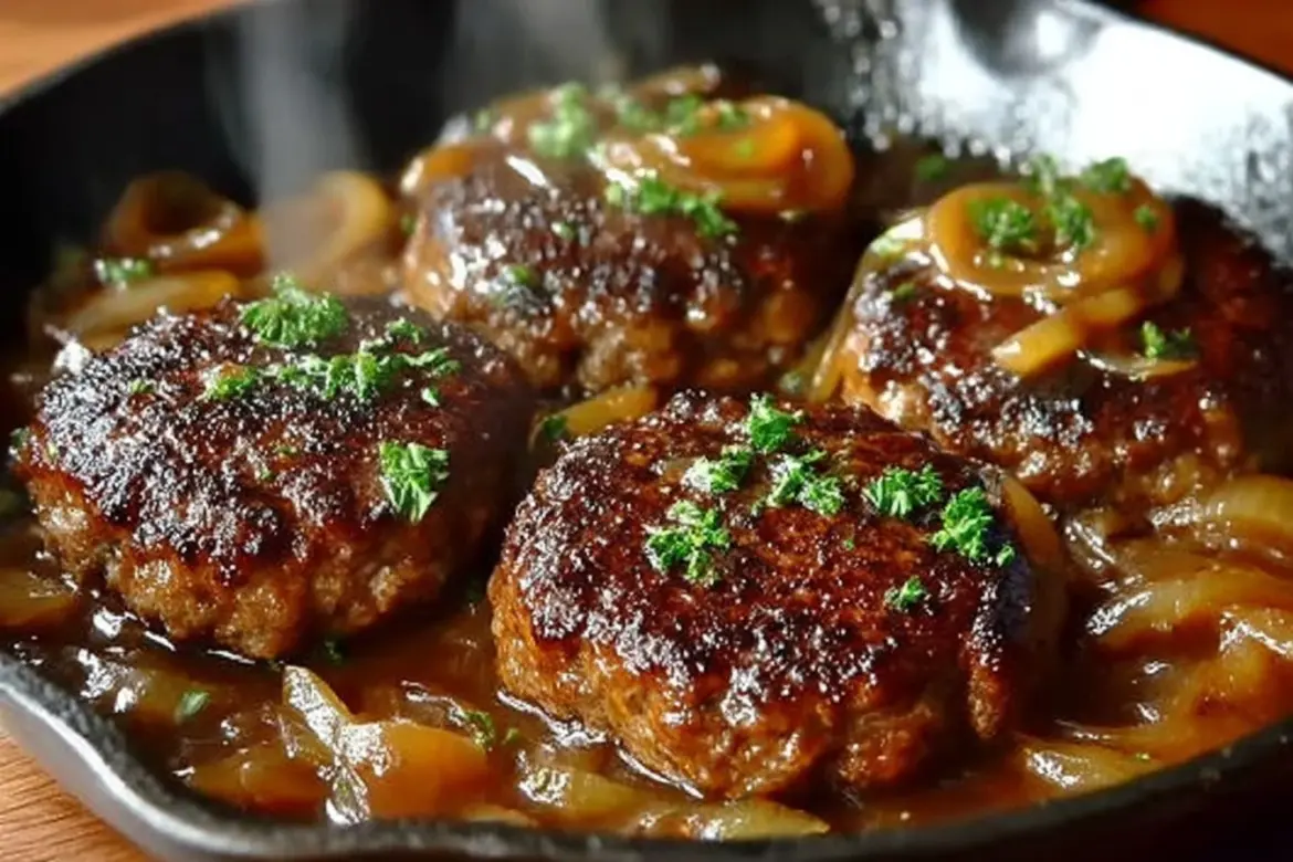 Delicious Salisbury steak plated with gravy and vegetables