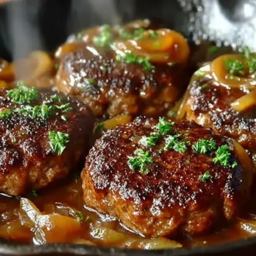 Delicious Salisbury steak plated with gravy and vegetables