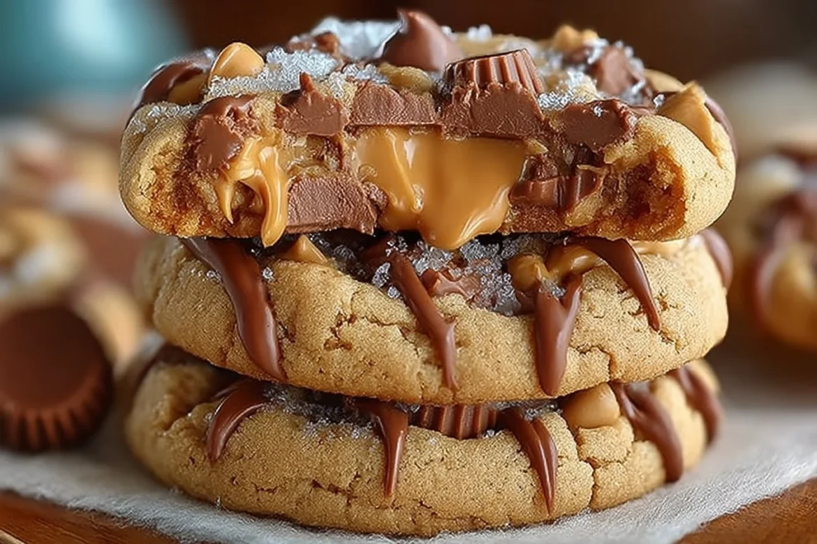 Batch of Triple Reese’s Peanut Butter Cookies with chocolate and peanut butter.