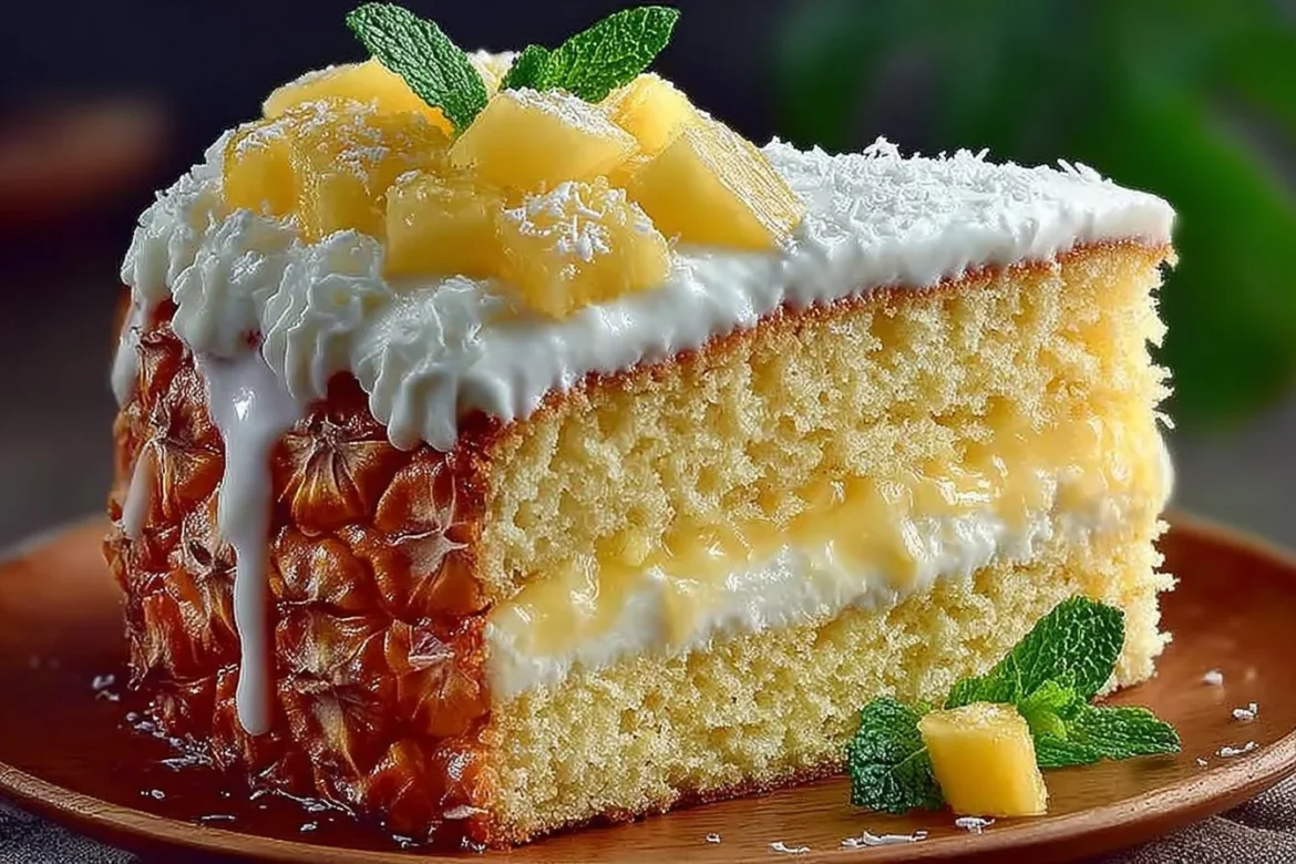 Delicious Tropical Pineapple Bliss Cake topped with fresh pineapple slices.