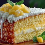 Delicious Tropical Pineapple Bliss Cake topped with fresh pineapple slices.