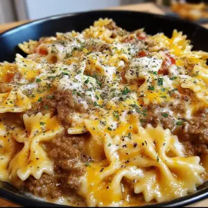 Creamy Velveeta beef pasta with bowtie noodles in a skillet garnished with herb