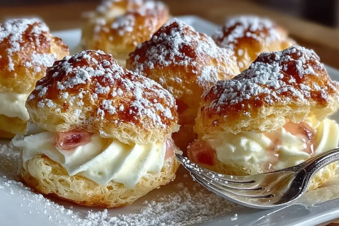 Delicious rhubarb cream puffs with a fluffy cream filling and tart rhubarb topping