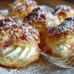 Delicious rhubarb cream puffs with a fluffy cream filling and tart rhubarb topping