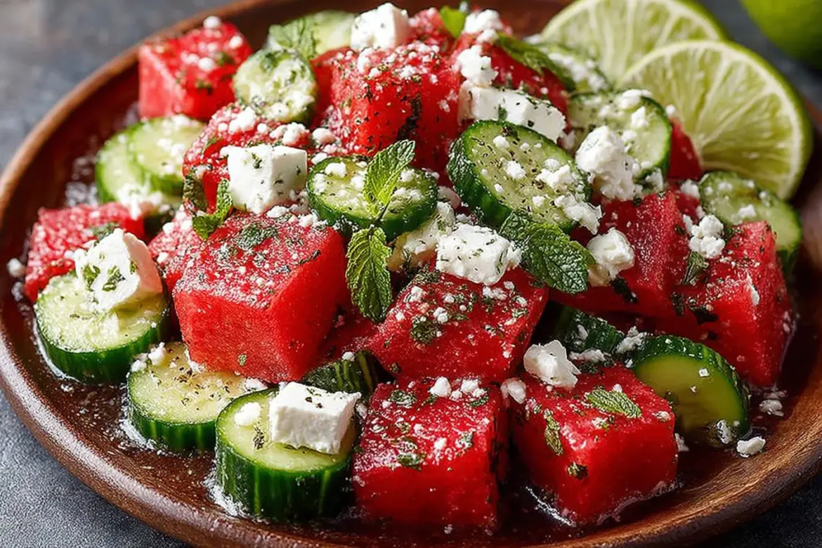 Watermelon salad topped with cucumber and feta cheese served in a bowl.