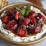 A bowl of whipped feta topped with roasted strawberries and drizzled with honey, served with pita chips