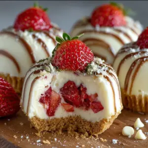 Mini white chocolate strawberry cheesecake bites topped with fresh berries and white chocolate chips