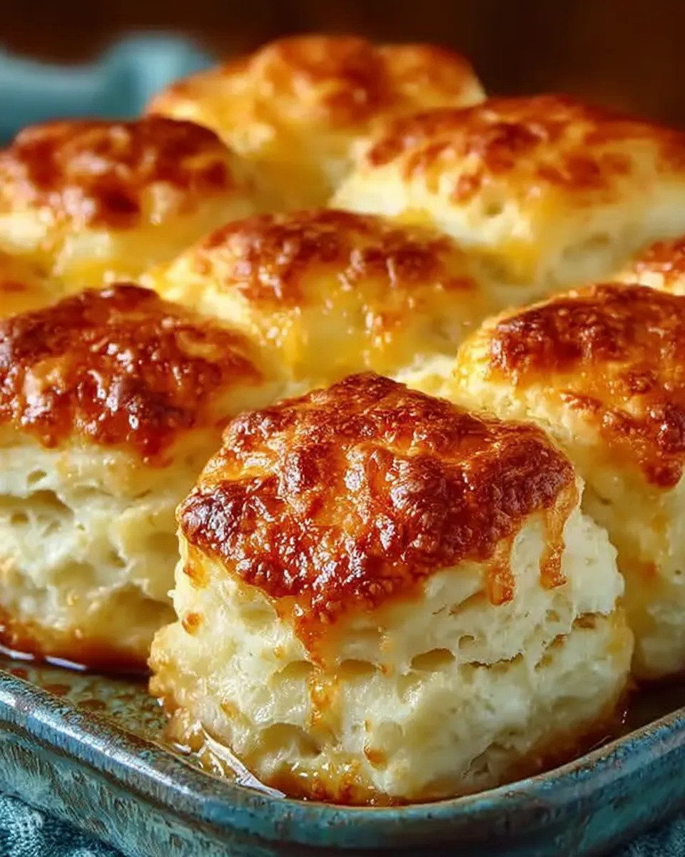 A tray of golden-brown 7 Up Biscuits with buttery tops and fluffy layers, fresh from the oven.