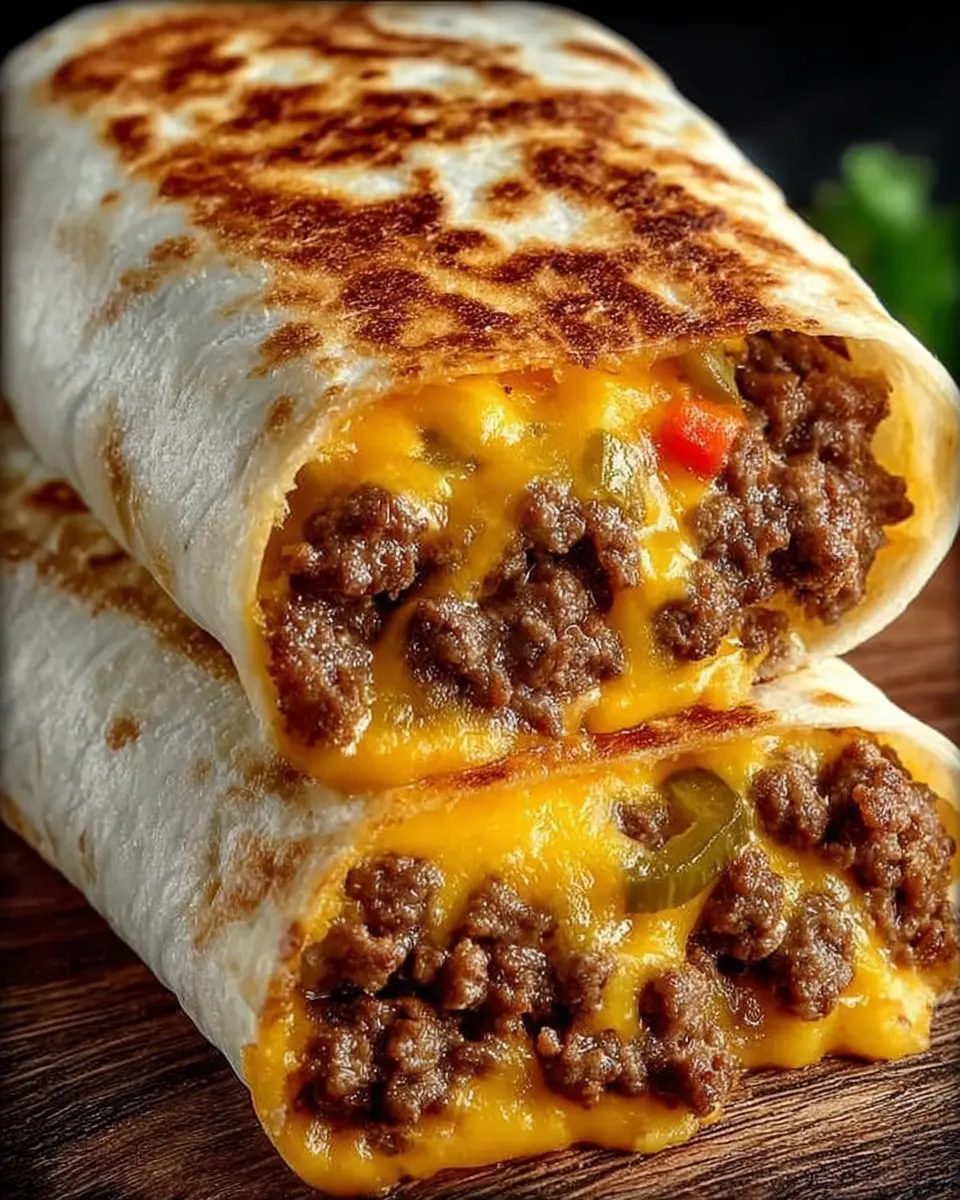 Golden air-fried cheeseburger wraps sliced in half and served with dipping sauce on a plate