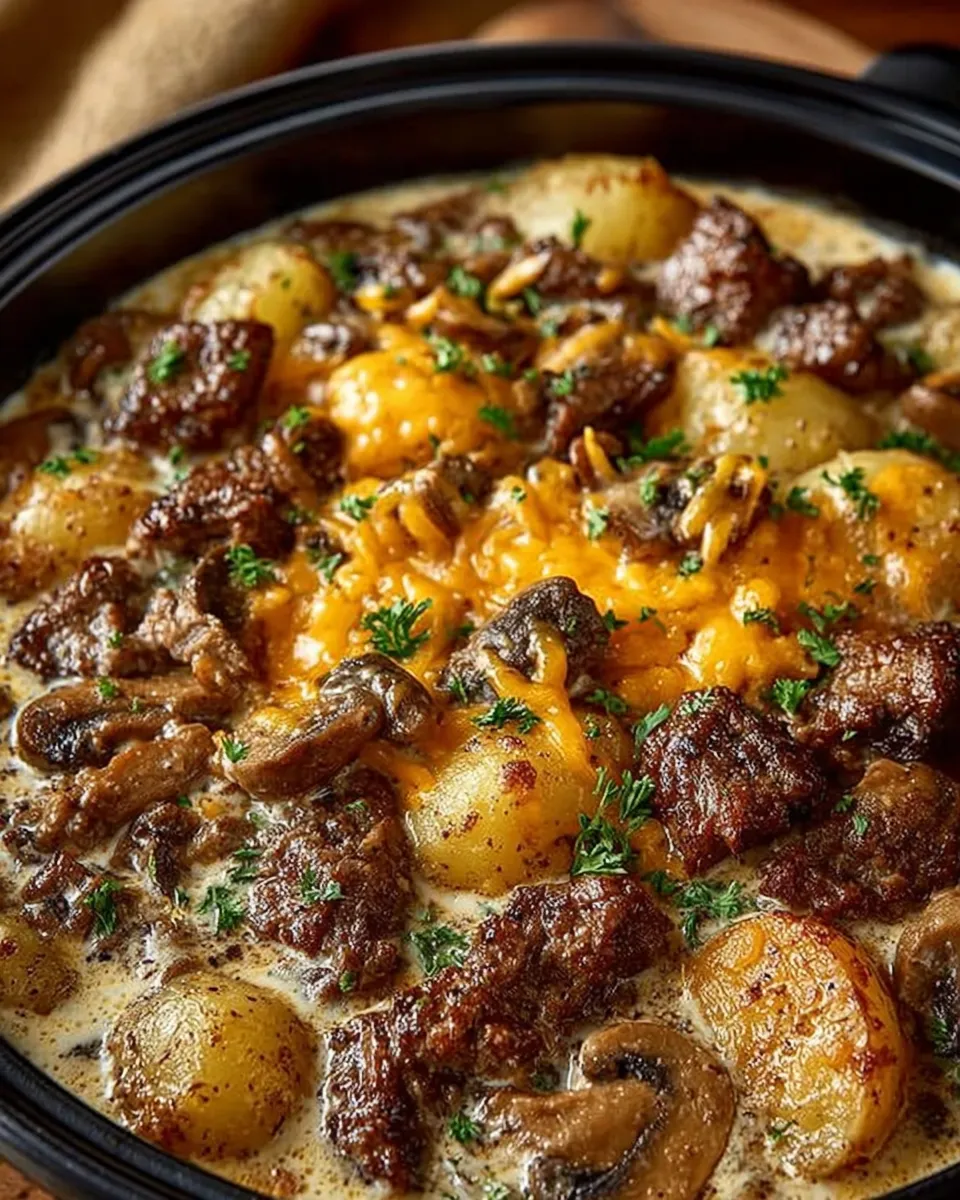 A golden-bubbly Amish Farmhouse Feast casserole fresh out of the oven, with melted cheddar cheese and tender potato slices visible.