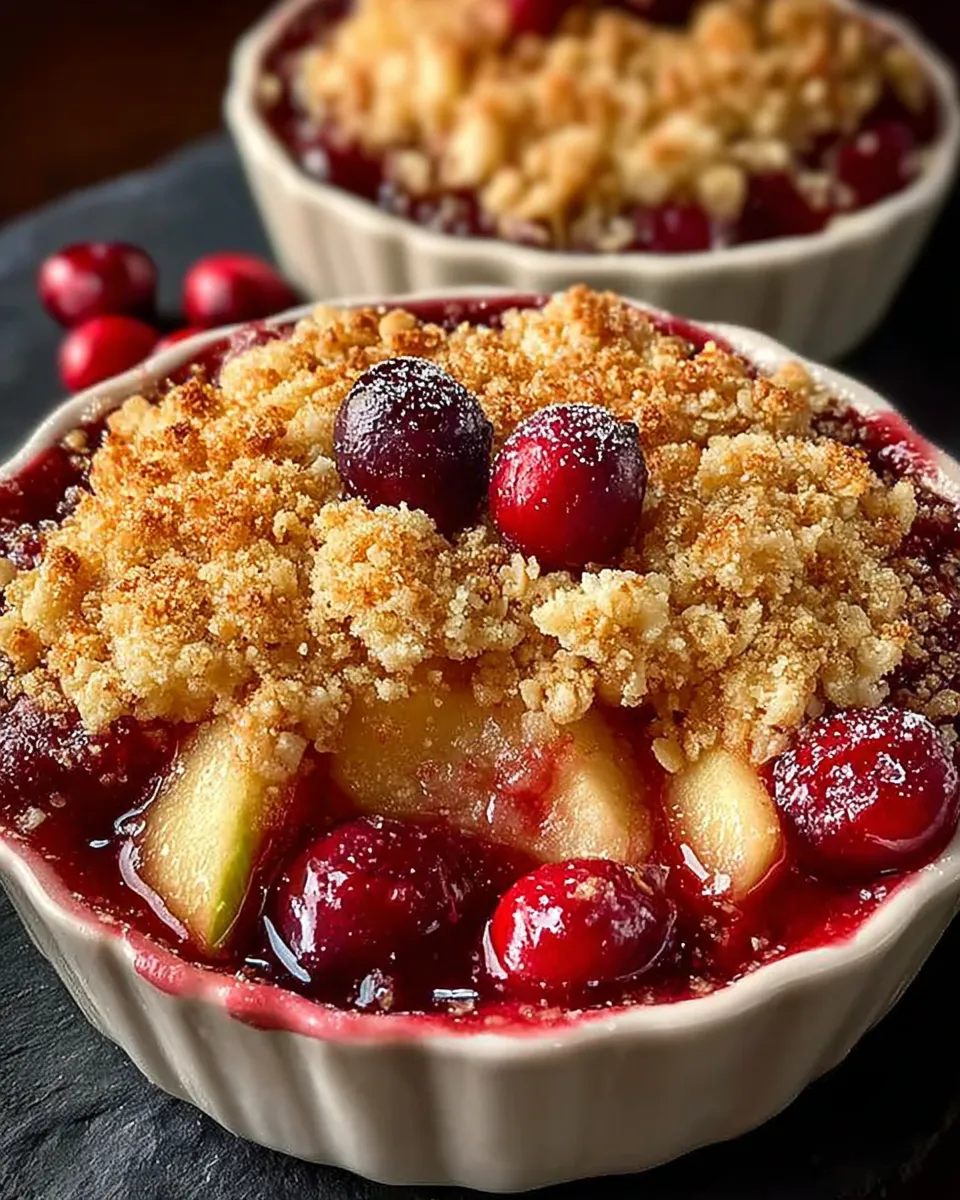 A warm serving of Apple-Cranberry Crumble in a bowl with melted vanilla ice cream on top 