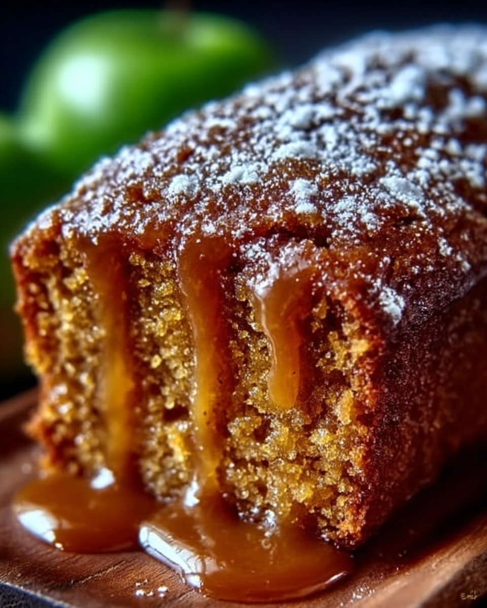 A slice of apple sauce cake with cinnamon and powdered sugar on top