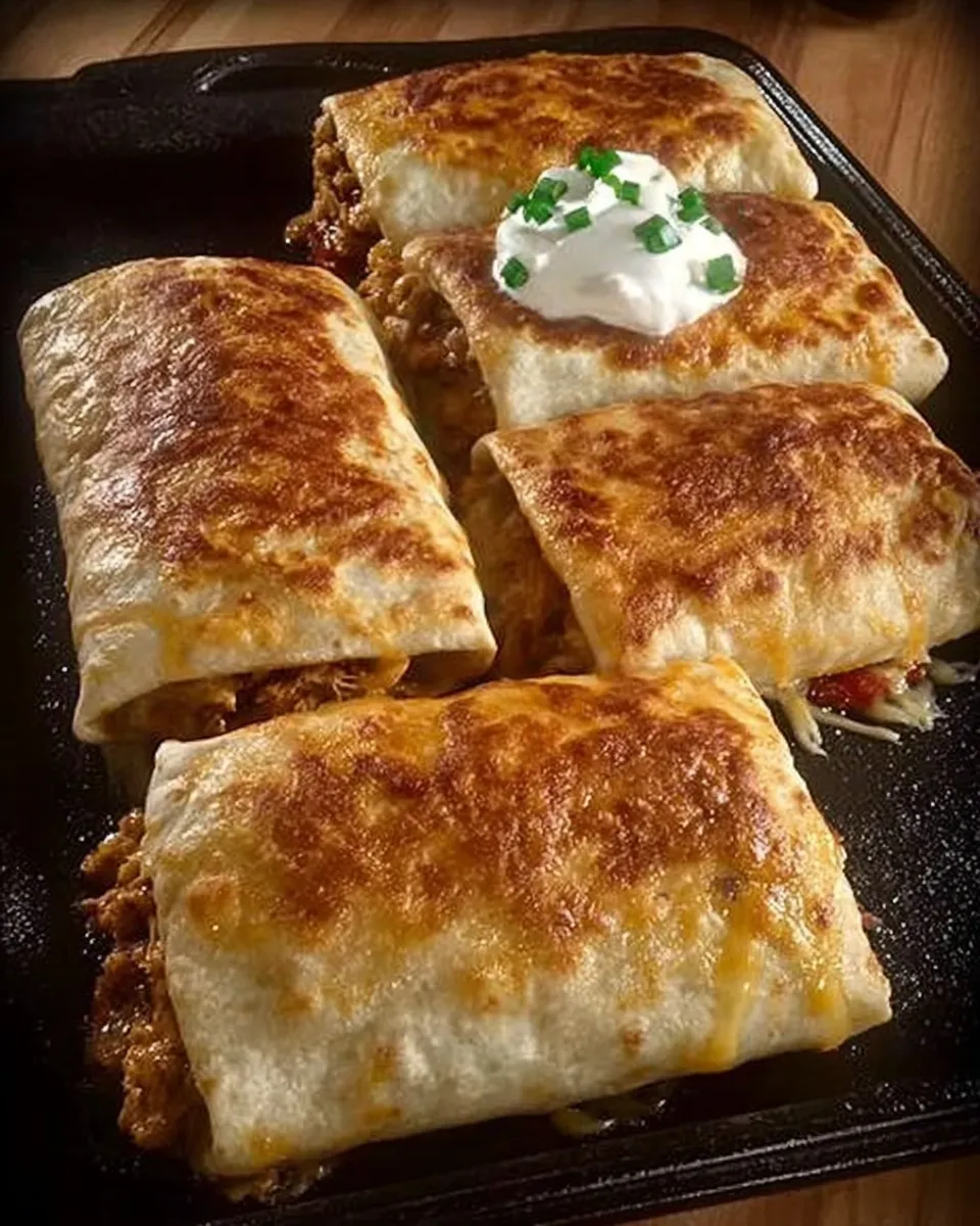 Baked chicken chimichangas topped with melted cheese and green onions, served with sour cream and salsa