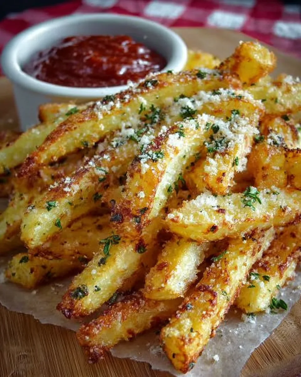 Golden baked garlic Parmesan fries sprinkled with parsley on a parchment-lined tray