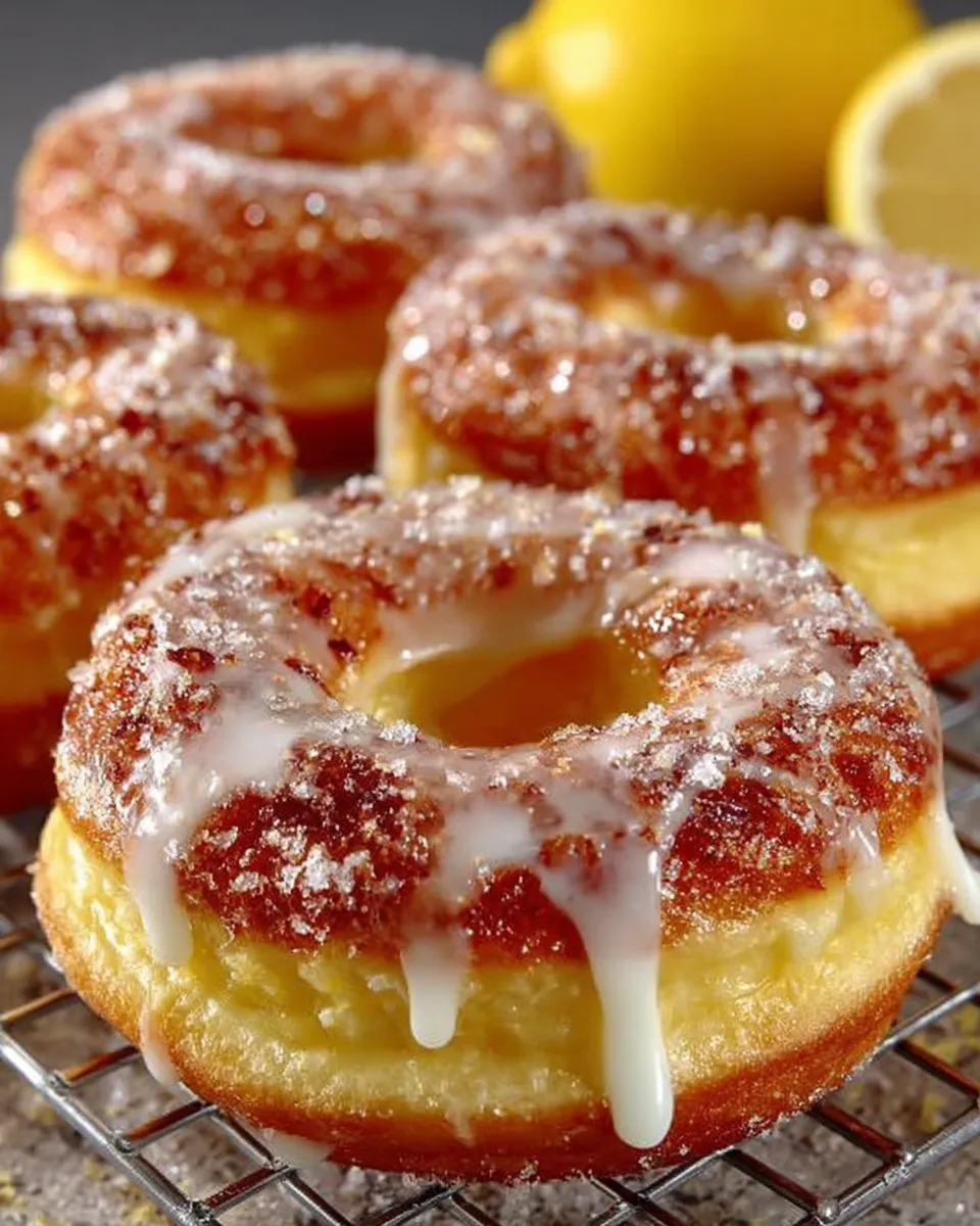 A plate of Baked Lemon Donuts topped with lemon glaze and zest, sitting on a sunny kitchen counter  