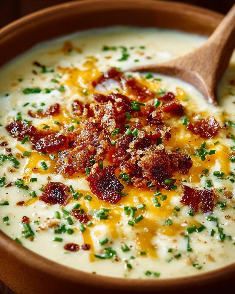 A bowl of creamy baked potato soup topped with cheddar cheese, crispy bacon, and chopped chives