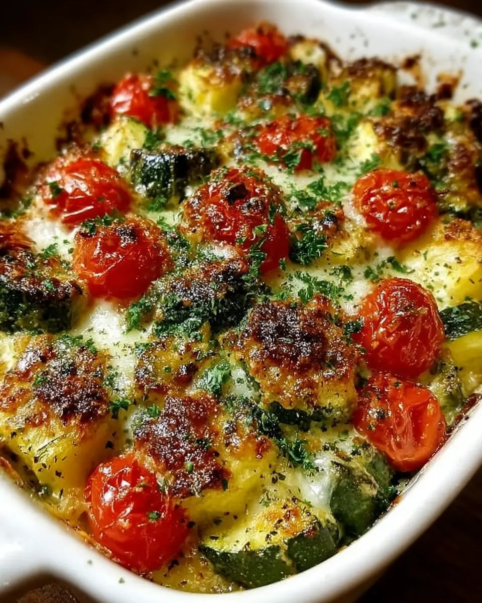 Baked zucchini and cheese casserole in a baking dish, golden and bubbly with fresh herbs on top