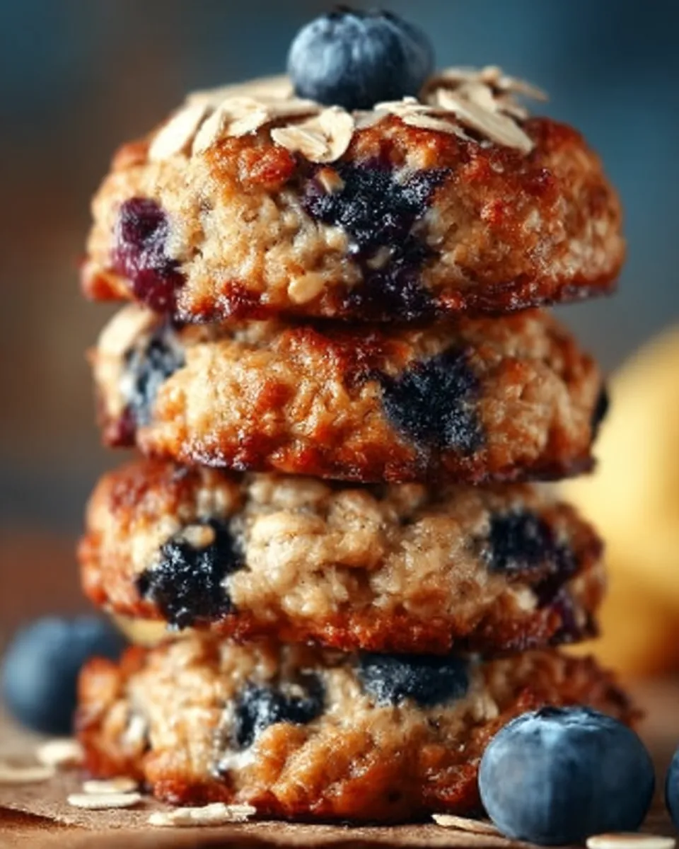 Stack of Banana Blueberry Oatmeal Breakfast Cookies with blueberries and oats scattered around