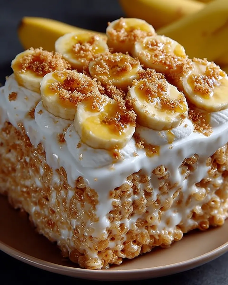 A square of banana pudding Rice Krispies topped with whipped cream, banana slices, and a drizzle of honey.